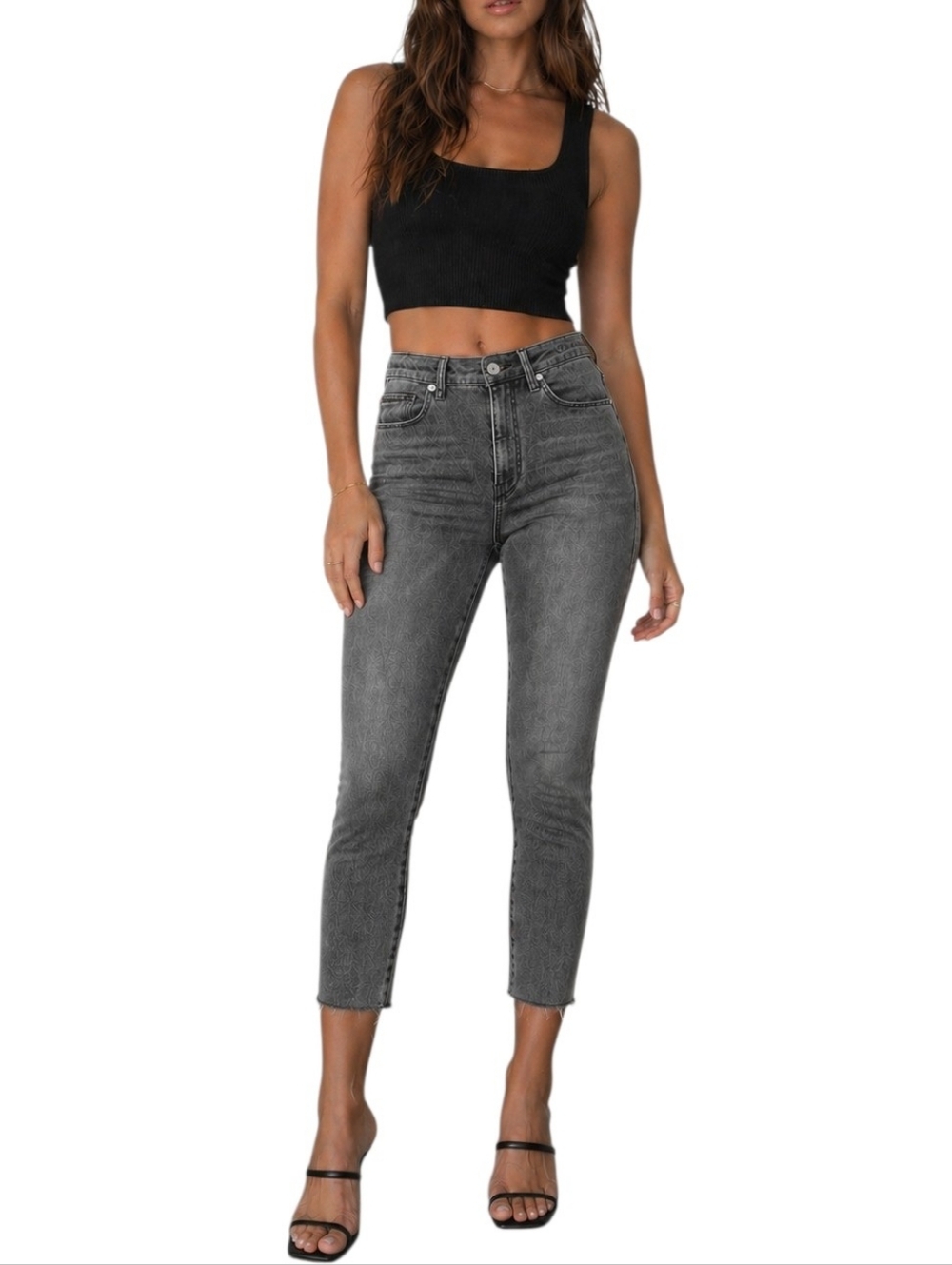 Good American Cropped Raw Hem Skinny Good Waist Tummy Control Black Faded Jeans